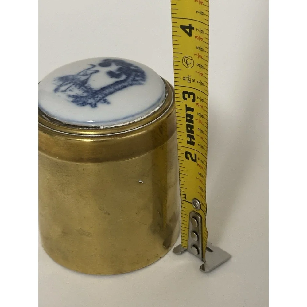 Round Brass Container with Removable Ceramic Painted Chinoiserie 2 Cranes Lid